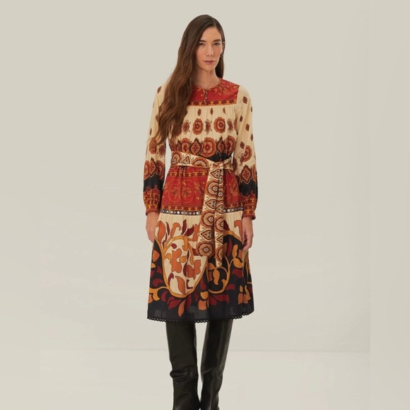 Farm Rio Anthropologie NWT Ainika Cream Midi Dress Sz Xs Boho Long Sleeve - Picture 1 of 12